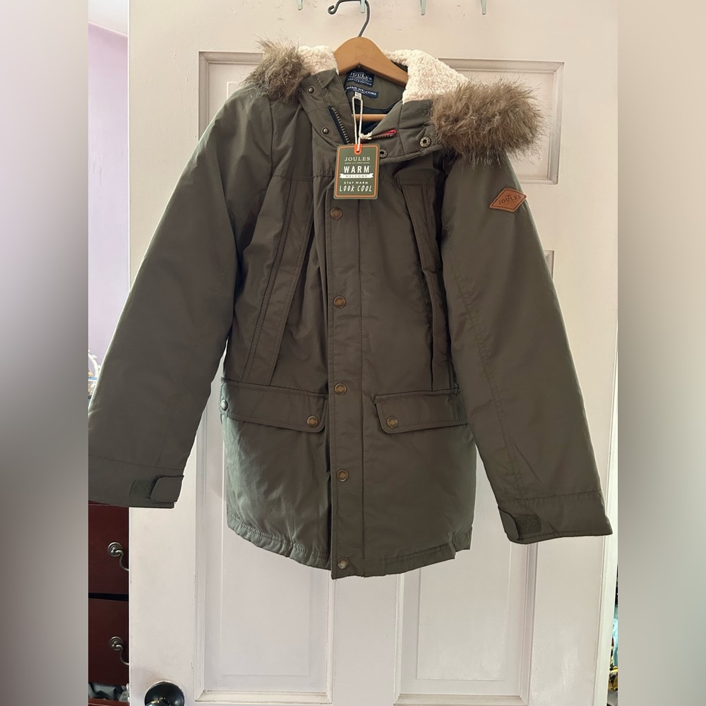 British Joules Warm Welcome Noah Boys Olive Green Parka New NWT 11 12 11y 12y